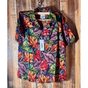 Jogal Shirt Mens Medium Floral Leaf Print Short‎ Sleeve Button Down Camp Collar